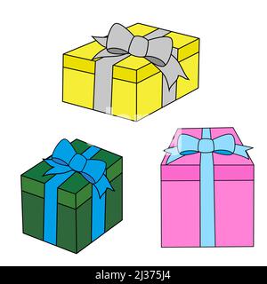 Sammlung von bunten Geschenkboxen mit weißem Hintergrund Stockfoto