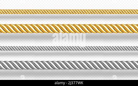 Goldene und silberne Seile, verdrehte Garnstränge isoliert auf weißem Hintergrund. Vector realistische Satz von 3d goldenen und Metall Satin Schnüre. Dekorationsränder der str Stock Vektor