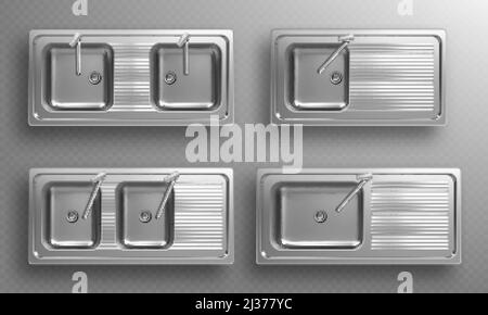 Küchenwaschbecken aus Edelstahl mit Wasserhähnen in der Draufsicht. Vector realistisches Set leerer Waschschüsseln aus Stahl mit Waschtisch-Mixer, Abfluss und Utensil-Abtropffläche. 3d-Doppelte Stock Vektor