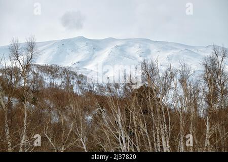 Schnee und Asche bedecken den Vulkan Ätna, Sizilien Stockfoto