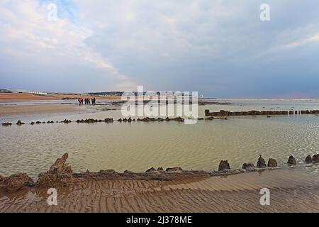 Überreste des Indiaman 'Amsterdam', die im Januar 1749 am Strand von Bulverhythe, Hastings, East Sussex, Großbritannien, zerstört wurden Stockfoto