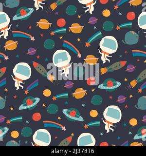 Cartoon Nahtloses Muster mit Planeten, Sternen und Astronauten Stock Vektor