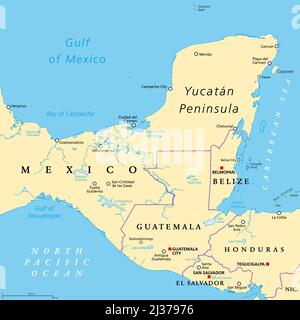 Politische Landkarte der Halbinsel Yucatan. Große Halbinsel im Südosten Mexikos und angrenzende Teile von Belize und Guatemala. Stockfoto