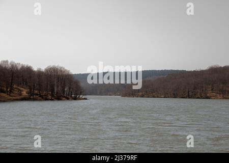 See- und Waldlandschaft, Weitwinkelansicht, Herbstlandschaft, Outdoor-Szene des Gokturk Pond Nature Park, Türkei, Istanbul, Beauty Forest Natur und See Stockfoto