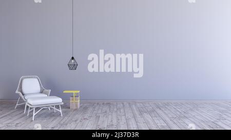 Home Interieur graue Wandmock up mit Sessel, Beistelltisch, schwarze Metall Hängelampe, skandinavisches Wohnzimmer, 3D Render, leere graue Wand Hintergrund Stockfoto