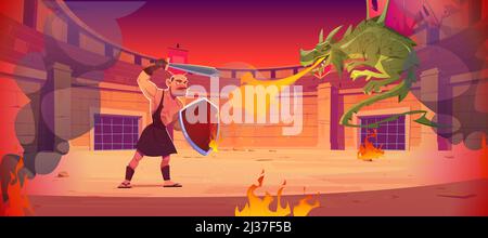 Antiker Krieger kämpft auf der Arena gegen den Drachen. Kämpfendes Amphitheater mit Gladiator mit Schwert und Schild und fliegendem Feuer atmenden magischen Tier. Vect Stock Vektor