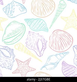 Mehrfarbige Muschelschalen mit nahtlosem Muster. Verschiedene Muschelschalen Hintergrund. Marine ozeanische Vorlage für Stoff, Papier, Tapete Design-Vektor illustrati Stock Vektor