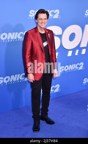 Los Angeles, Ca. 05. April 2022. Jim Carrey nimmt an der Premiere von „Sonic the Hedgehog 2“ in Los Angeles am 05. April 2022 im Regency Village Theatre in Los Angeles, Kalifornien, Teil. Kredit: Jeffrey Mayer/Jtm Fotos/Media Punch/Alamy Live News Stockfoto