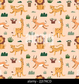 Safari Animals Print, niedliche exotische Katzen, Löwe und jaguar, lustige Giraffe, lächelnde und springende afrikanische Säugetiere, nahtloser Vektordruck Stock Vektor