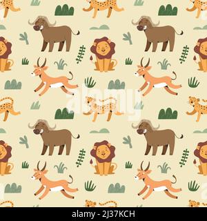 Afrikanische Tiere, Safari-Print für Kinder, Löwen und jaguar, skandinavische Cartoon-Illustrationen, trendiger Stoffdruck für Kleinkinder, Vektor-nahtlose Kunst Stock Vektor