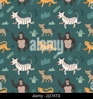 Afrikanisches Tiermuster, Zebra- und jaguar-Illustrationen, Cartoon-exotische Tiere, trendiger Zoodruck für Kinder, Safari-Säugetiere, textiles Ornament Stock Vektor