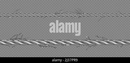 Metallkabel, gedrehtes Stahlgarn mit zerrissenen Fasern. Altes kaputtes Eisenseil mit Bruchfäden. Vektor realistische Grenze von 3d gerade Hawser isoliert auf Stock Vektor