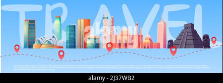 Reisebanner mit Weltmarkierungen auf der Skyline und Reiseroute mit Punkten. Konzept der Reise, globaler Tourismus. Vektor-Poster mit Cartoon berühmten buildi Stock Vektor