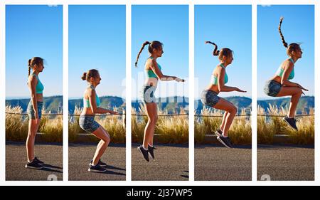 Ihre Fitness in einen hohen Gang zu schalten. Zusammengesetztes Bild einer sportlichen jungen Frau, die einen Kniesprung nach draußen macht. Stockfoto