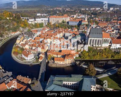 Luftaufnahme von Cesky Krumlov, Tschechische Republik Stockfoto