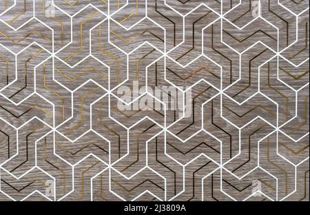 Keramikfliesen mit Holzstruktur und weißen abstrakten Linien. Stockfoto
