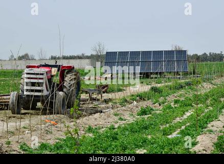 Damaskus, Syrien. 5. April 2022. Sonnenkollektoren werden am 5. April 2022 auf einem Bauernhof in der östlichen Landschaft von Damaskus, Syrien, gesehen. Die lokalen Bauern haben wegen des Strommangels im Land auf saubere alternative Energie zurückgegriffen. Quelle: Ammar Safarjalani/Xinhua/Alamy Live News Stockfoto