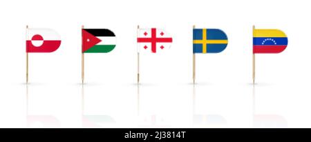 Zahnstocherflaggen von Grönland, Jordanien und Georgien mit Schweden und Venezuela. Nationale Banner auf hölzernen spitzen Stäben. Ovale Wimpel isoliert auf Stock Vektor