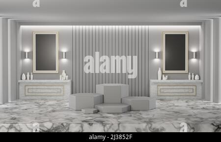 Abstrakte Modell hexagonal Display Podium in Luxus Marmorboden Ankleidezimmer oder Spa-Raum Schaufenster Bühne für Produkt-Display 3D Rendering illustrationo Stockfoto