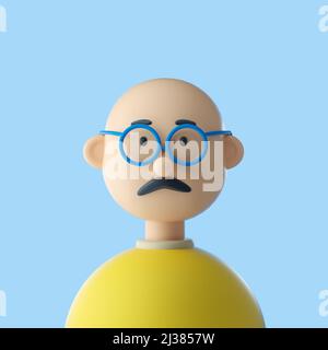 Mann mit haarlosen Schnurrbart und Brille niedlichen ikonischen Charakter. 3D Rendering Stockfoto