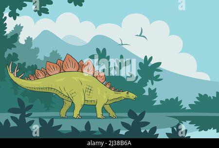 Herbivore stegosaurus auf dem Hintergrund eines alten Waldes. Ein starker Dinosaurier mit Stacheln am Schwanz. Ausgestorbene Eidechse aus der Jurazeit. Vect Stock Vektor