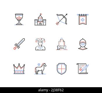Mittelalterliches Königreich und Edelmut - Symbole im Liniendesign Stock Vektor