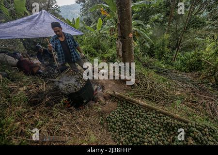 Bogor, Indonesien. 05. April 2022. Ein Mann kocht am 6. April in Rumpin, Bogor, West-Java, Indonesien, eine Zuckerpalmfrucht namens Kolang Kaling. 2022. Die Palmzucker-Frucht ist eine der beliebtesten Vorspeisen und wird während des heiligen muslimischen Monats Ramadan wegen ihres hohen Zuckergehalts leicht gefunden. (Foto von Andi M Ridwan/INA Photo Agency/Sipa USA) Quelle: SIPA USA/Alamy Live News Stockfoto