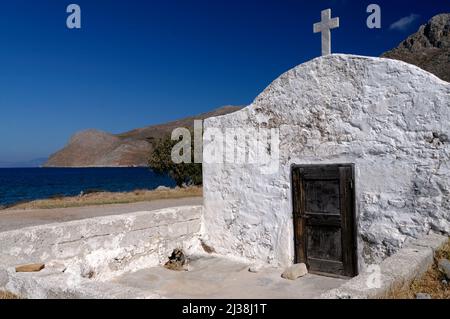 Agios Basilios Kirche, Aghios Antonios, Tilos, Dodekanes Inseln, Südägäis, Griechenland. Stockfoto