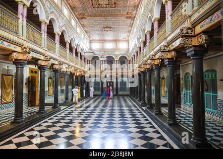 Sri Letchmi Vilas, Lakshmi Vilas, Attangudi Palace oder im Volksmund bekannt als Periya Veedu in Athangudi, Chettinad, Tamil Nadu, Indien Stockfoto