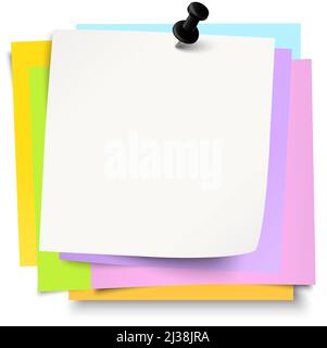 Kleine klebrige Papiere wild über einander mit farbigen Nadel und freien Kopienplatz Stock Vektor