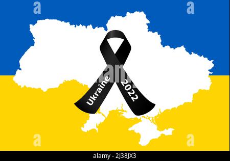 eps-Vektor-Illustration mit Silhouette des Landes ukraine mit Länderfarben und schwarzem Trauerband für den Krieg 2022 Stock Vektor