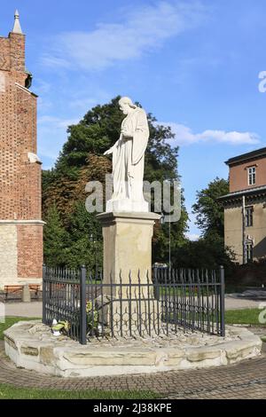 Die Figur des Hl. Jan Kanty vor der römisch-katholischen Kirche St. Wojciech und Jerzy in Zator. Stockfoto