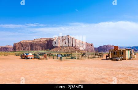 Monument Valley, USA - 12. Juli 2008: Pferdefarm in Monument Valley. Sie mieten Pferde für einen Tagesausflug in den Nationalpark Monument Valley. Stockfoto