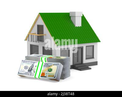 Haus und Geld auf weißem Hintergrund. Isolierte 3D-Abbildung Stockfoto
