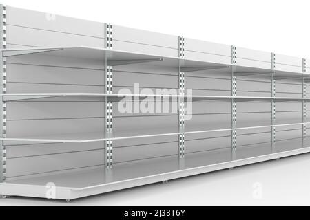 Leere Lagerregale auf weißem Hintergrund. Isolierte 3D-Darstellung Stockfoto