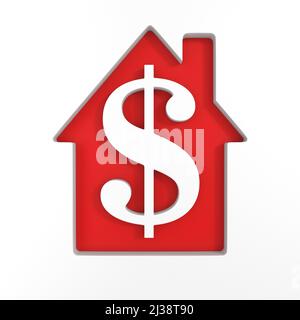 Rotes Haus und Symbol-Dollar auf weißem Hintergrund. Isolierte 3D-Abbildung Stockfoto