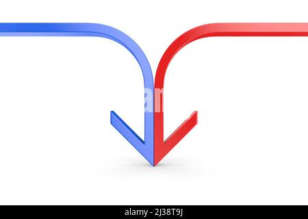 Pfeil aus zwei sich verschmelzenden roten und blauen Linien auf weißem Hintergrund. Isolierte 3D-Abbildung Stockfoto