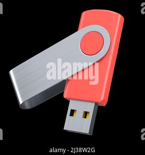Tragbarer roter USB-Stick auf schwarzem Hintergrund isoliert. 3D-Rendering von Zubehör für den Heimarbeitsplatz im Studio Stockfoto