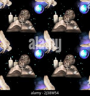 Aquarell Nahtloses Muster fliegende magische Eule Scheune Eule. Eine realistische Illustration einer Eule. Digitales Papier. Weißer Vogel mit beigen Flügeln und Kopf Stockfoto