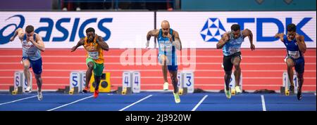 Adam Thomas, Arthur Cisse, Lamont Marcell Jacobs, Stephen Abosi und David Vivas im Halbfinale der Männer 60m am zweiten Tag der Weltathletik Stockfoto