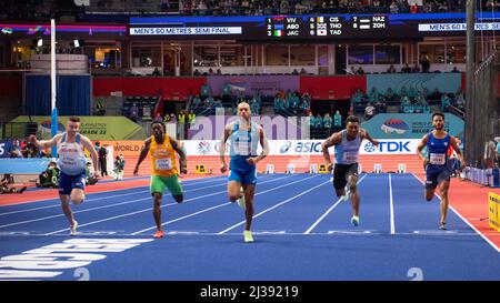 Adam Thomas, Arthur Cisse, Lamont Marcell Jacobs, Stephen Abosi und David Vivas im Halbfinale der Männer 60m am zweiten Tag der Weltathletik Stockfoto