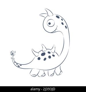 Niedlicher Dinosaurier im Umriss-Tintenstil. Lustige Cartoon Dino. Handgezeichnetes Vektor-Doodle-Design für Mädchen, Kinder. Handgezeichnete Kinder Illustration für Mode Stock Vektor