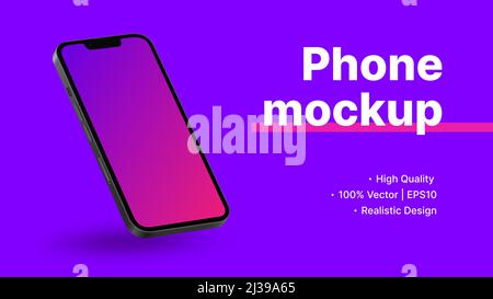 Violet Phone Mockup Design für UI- oder Anwendungspräsentation. Realistisches Smartphone in diagonaler Perspektive mit Gradient Screen. . Vektorgrafik Stock Vektor