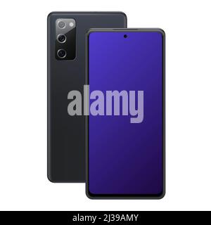 Galaxy Smartphone Mockup mit drei Kameras. Violettes Isoliertes Modell. Vektorgrafik Stock Vektor