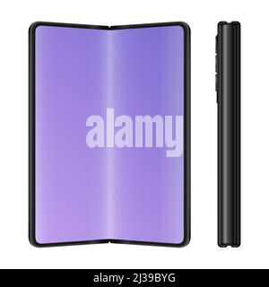 Gefaltetes Smartphone-Mockup. Offene und geschlossene Ansicht. Realistisches Mockup auf weißem Hintergrund. Vektorgrafik Stock Vektor