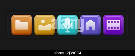 Basic 3D App-Symbole. Satz von bunten quadraten UI-Tasten . Vektorgrafik Stock Vektor