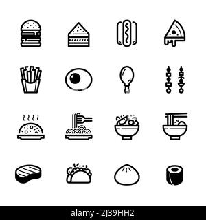 Symbole für Lebensmittel mit weißem Hintergrund Stockfoto