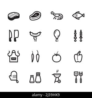 Grill- und Grillsymbole mit weißem Hintergrund Stockfoto