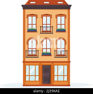 Europäische Hausfassade. Vorderansicht eines altmodischen Backsteingebäudes mit Balkonen. Das Äußere der Gegend ist schön. Flacher Vektor Stock Vektor