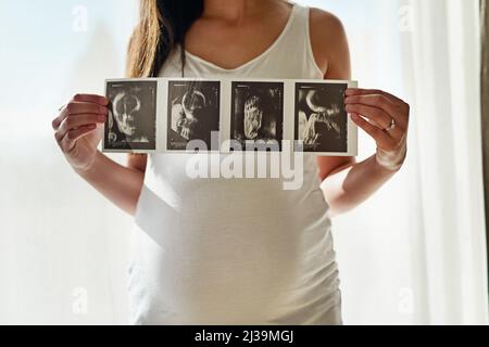 Babys erstes Porträt. Aufnahme einer nicht identifizierbaren Schwangeren, die zu Hause eine Reihe von Ultraschallbildern vor einem Fenster hochhält. Stockfoto